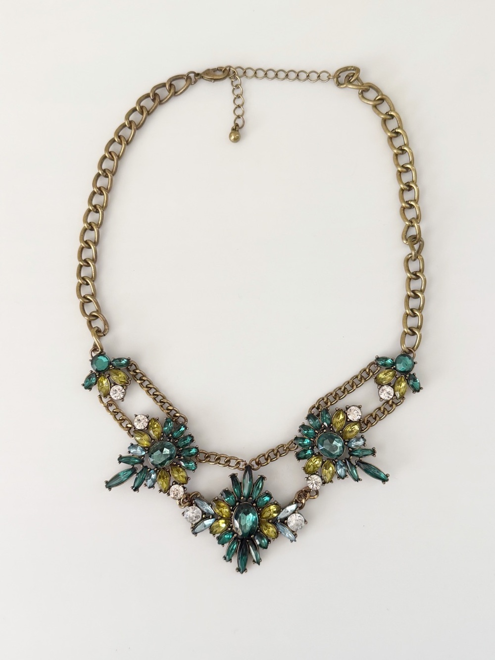Gold Tone Chain Green Rhinestones Statement Coquette Preppy Glamour Necklace